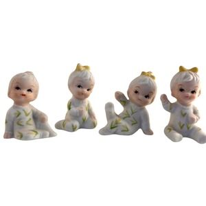 Baby Figurines‎ 1950s Bisque Set of 4 Yellow Bows Green Leaf Pajamas Vintage